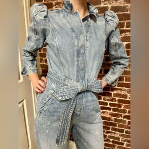 Puff Sleeve Tie Waist Medium Wash Denim Jumpsuit from Express